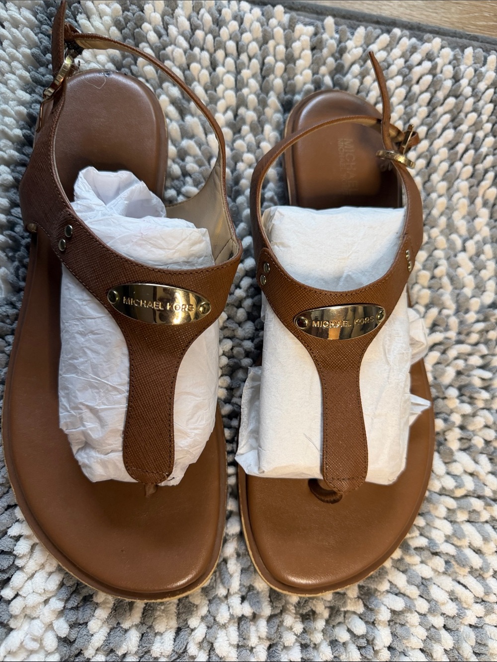 Michael Kors Brown Leather T-Strap Sandals with Gold Plate